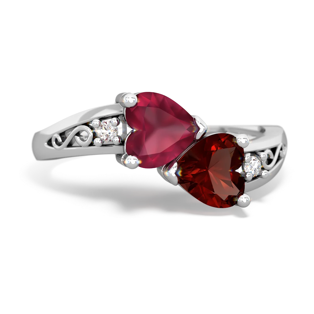 Ruby Snuggling Hearts 14K White Gold ring R2178