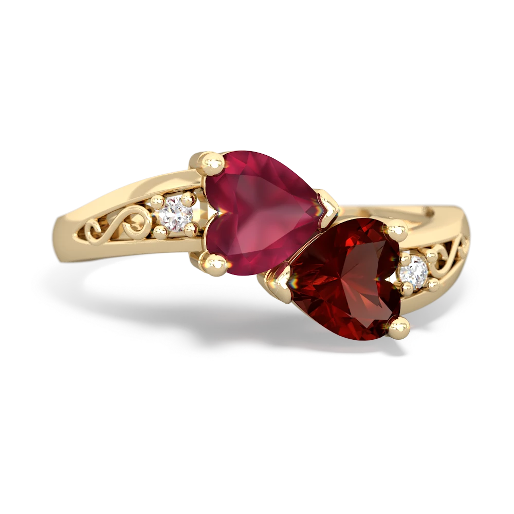 Ruby Snuggling Hearts 14K Yellow Gold ring R2178