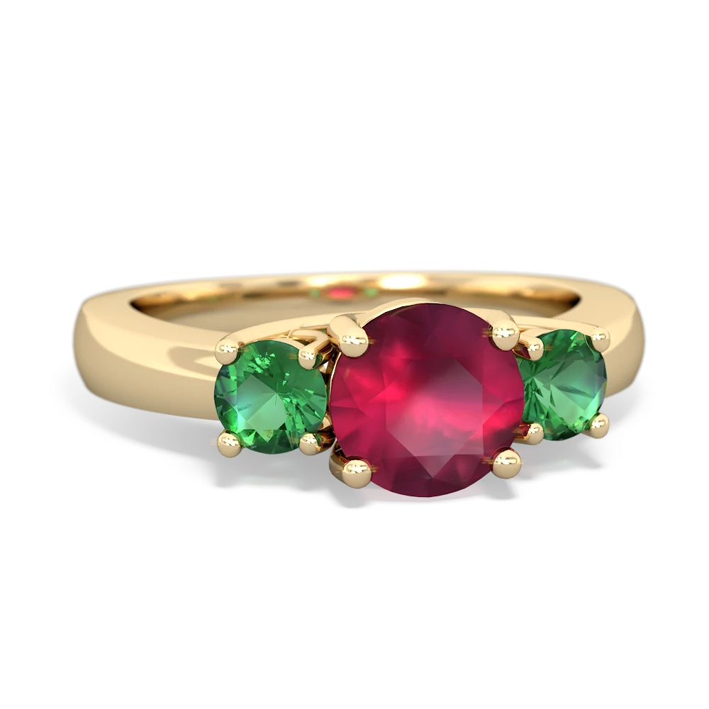 Ruby Three Stone Round Trellis 14K Yellow Gold ring R4018