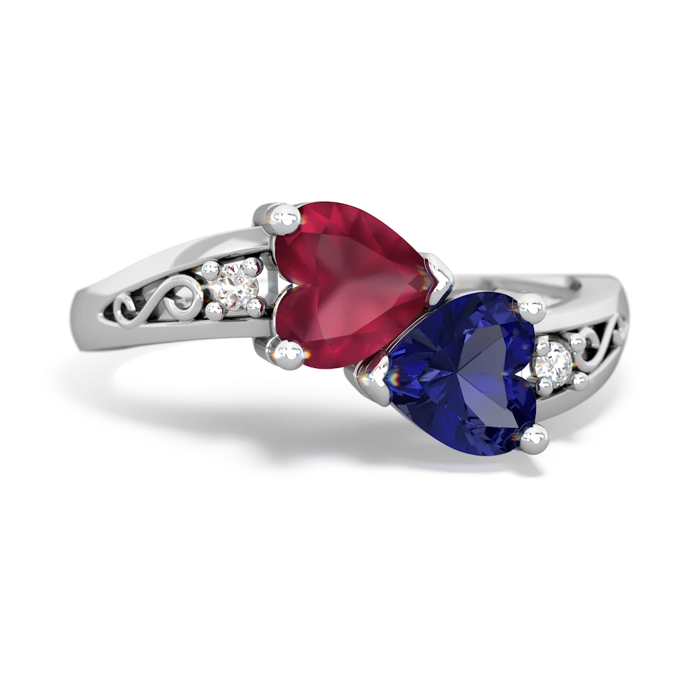 Ruby Snuggling Hearts 14K White Gold ring R2178