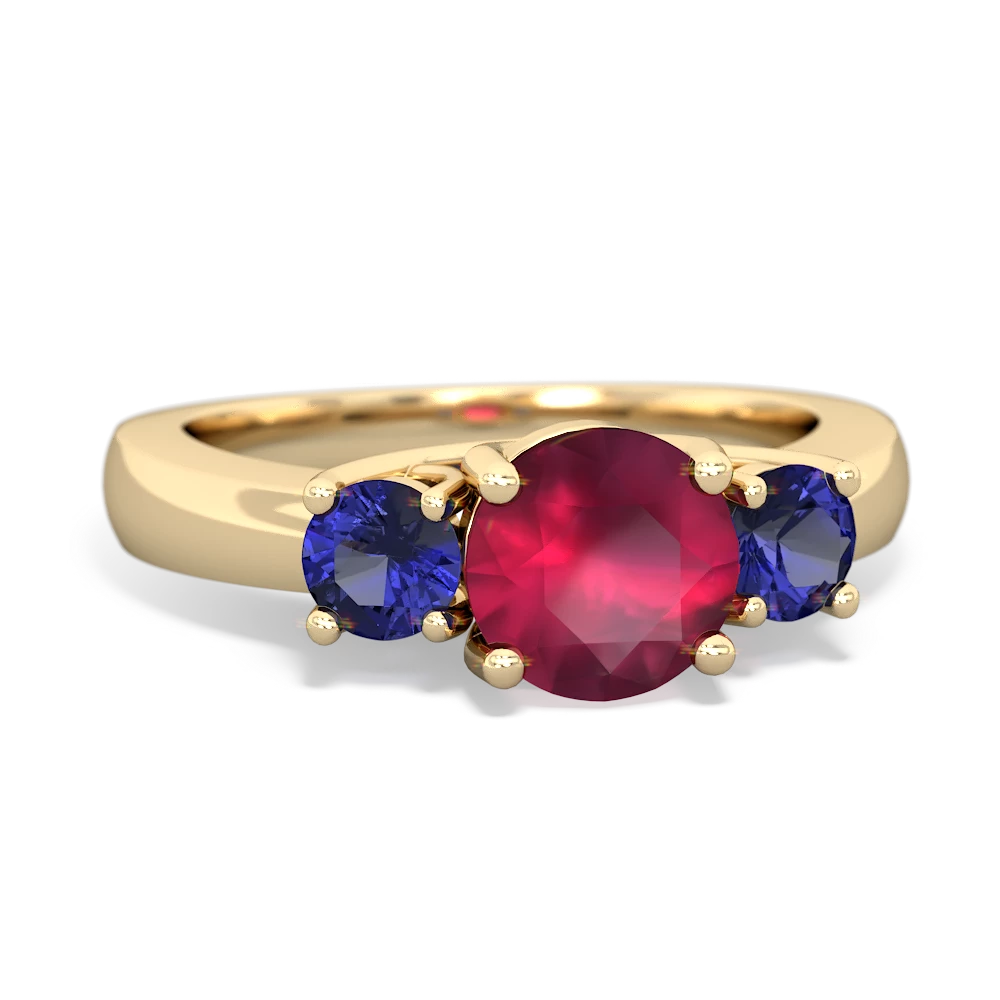 Ruby Three Stone Round Trellis 14K Yellow Gold ring R4018