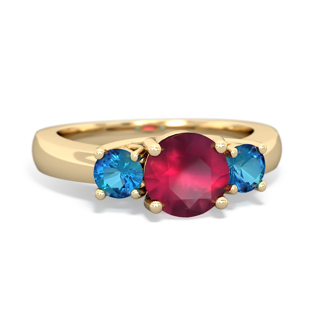 Ruby Three Stone Round Trellis 14K Yellow Gold ring R4018