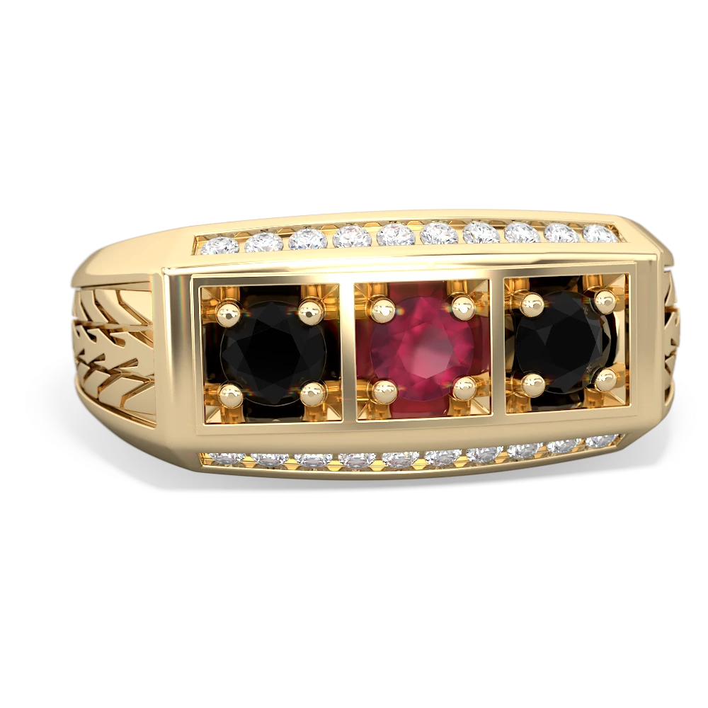 Ruby Three Stone Tire Tread Men's 14K Yellow Gold ring R0520