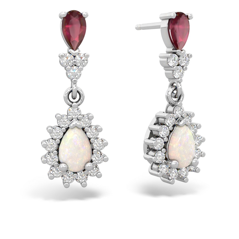 Ruby Halo Pear Dangle 14K White Gold earrings E1882