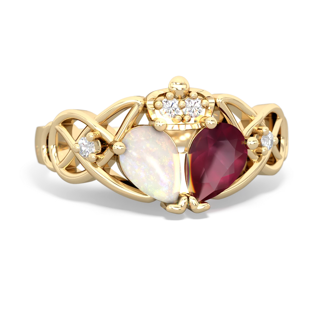 Ruby 'One Heart' Celtic Knot Claddagh 14K Yellow Gold ring R5322