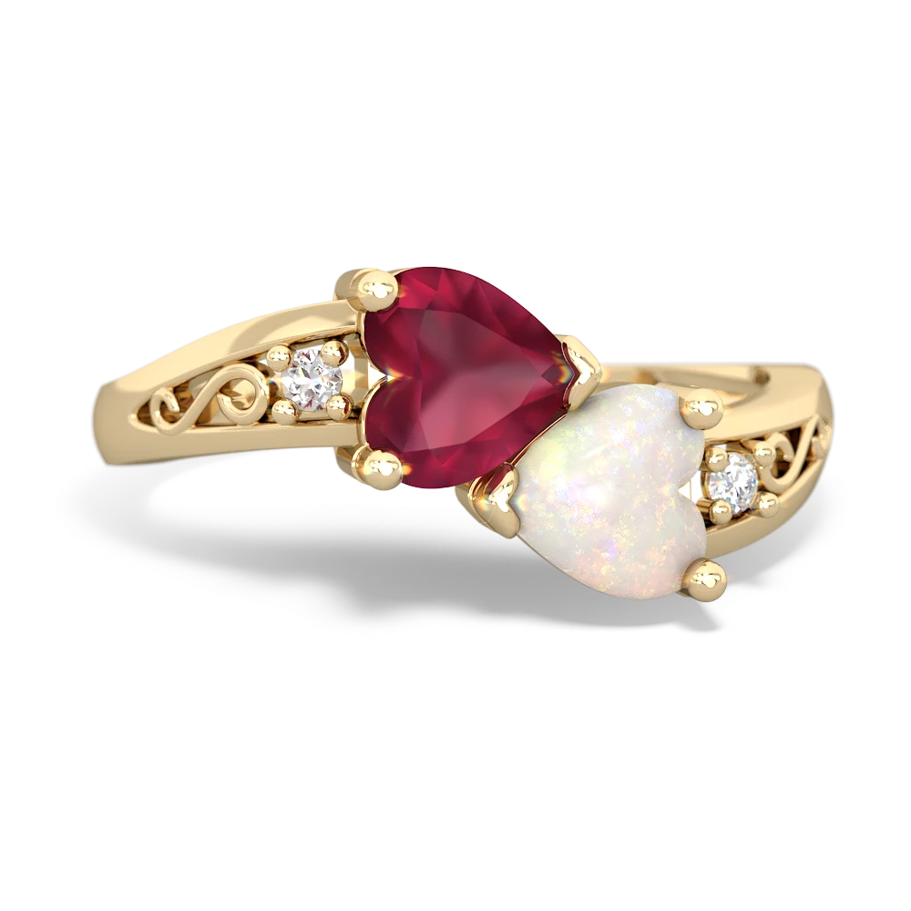 Ruby Snuggling Hearts 14K Yellow Gold ring R2178