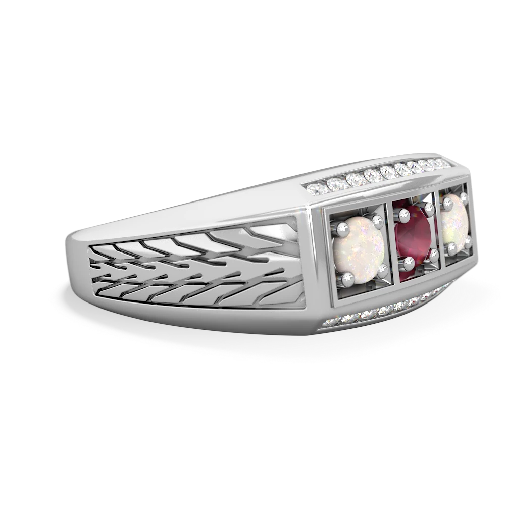 Ruby Three Stone Tire Tread Men's 14K White Gold ring R0520