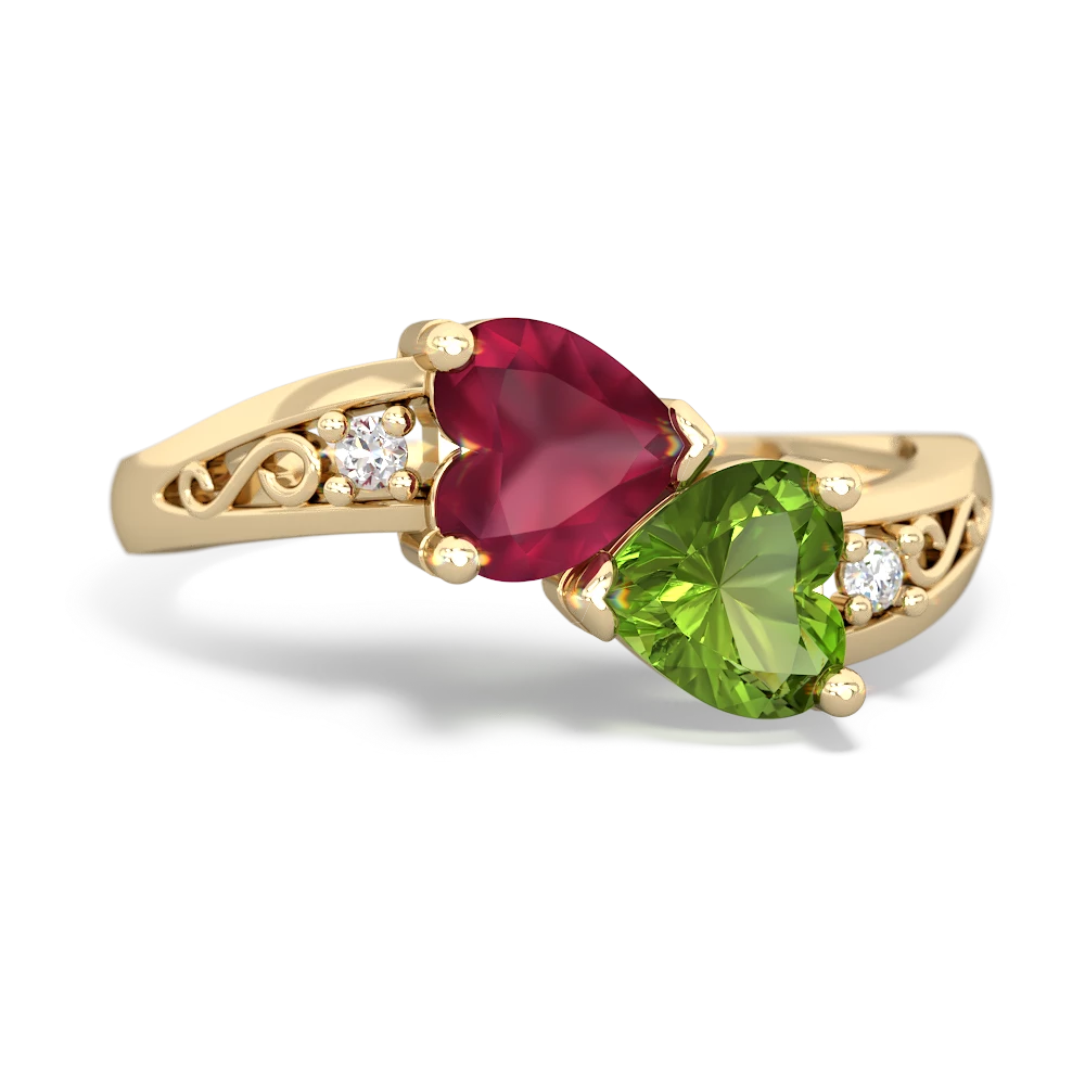 Ruby Snuggling Hearts 14K Yellow Gold ring R2178