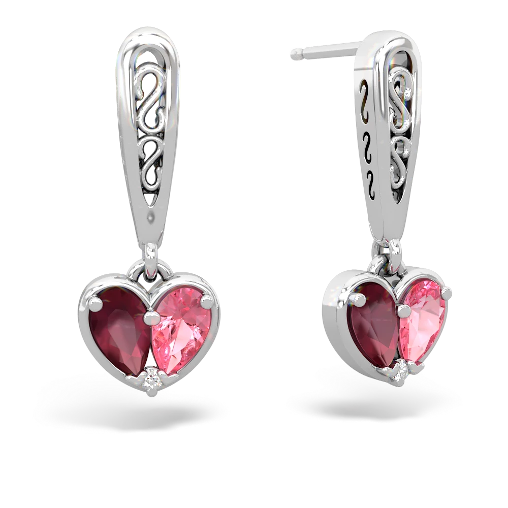 Ruby and Lab Pink Sapphire Filligree Heart earrings in 14K White Gold