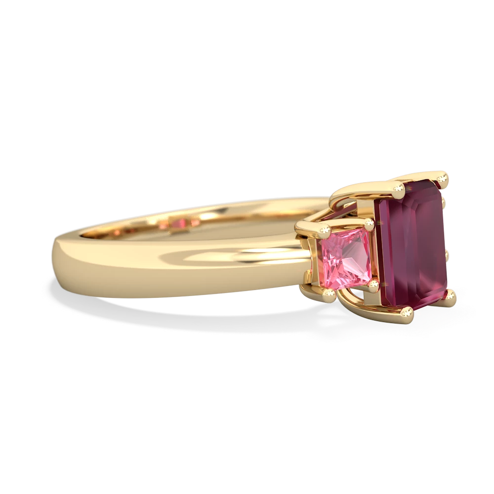 Ruby Three Stone Emerald-Cut Trellis 14K Yellow Gold ring R4021