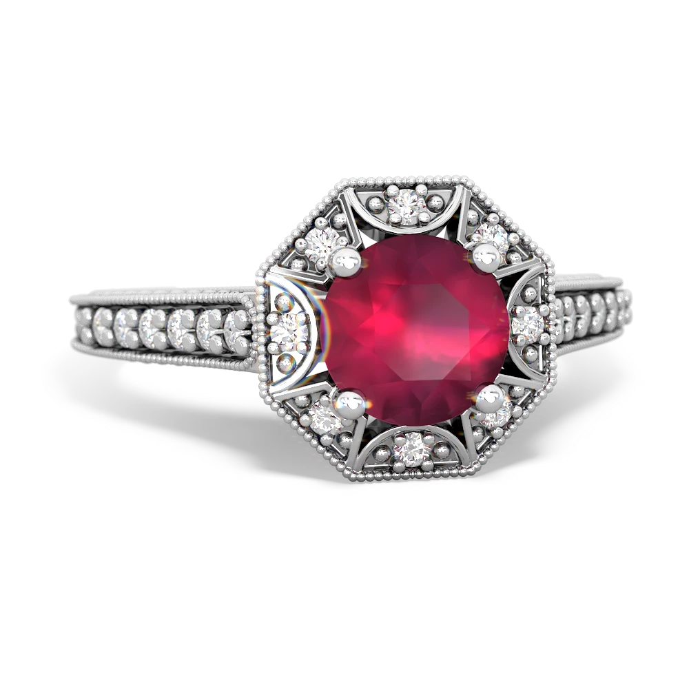 Ruby Art-Deco Starburst 14K White Gold ring R5520