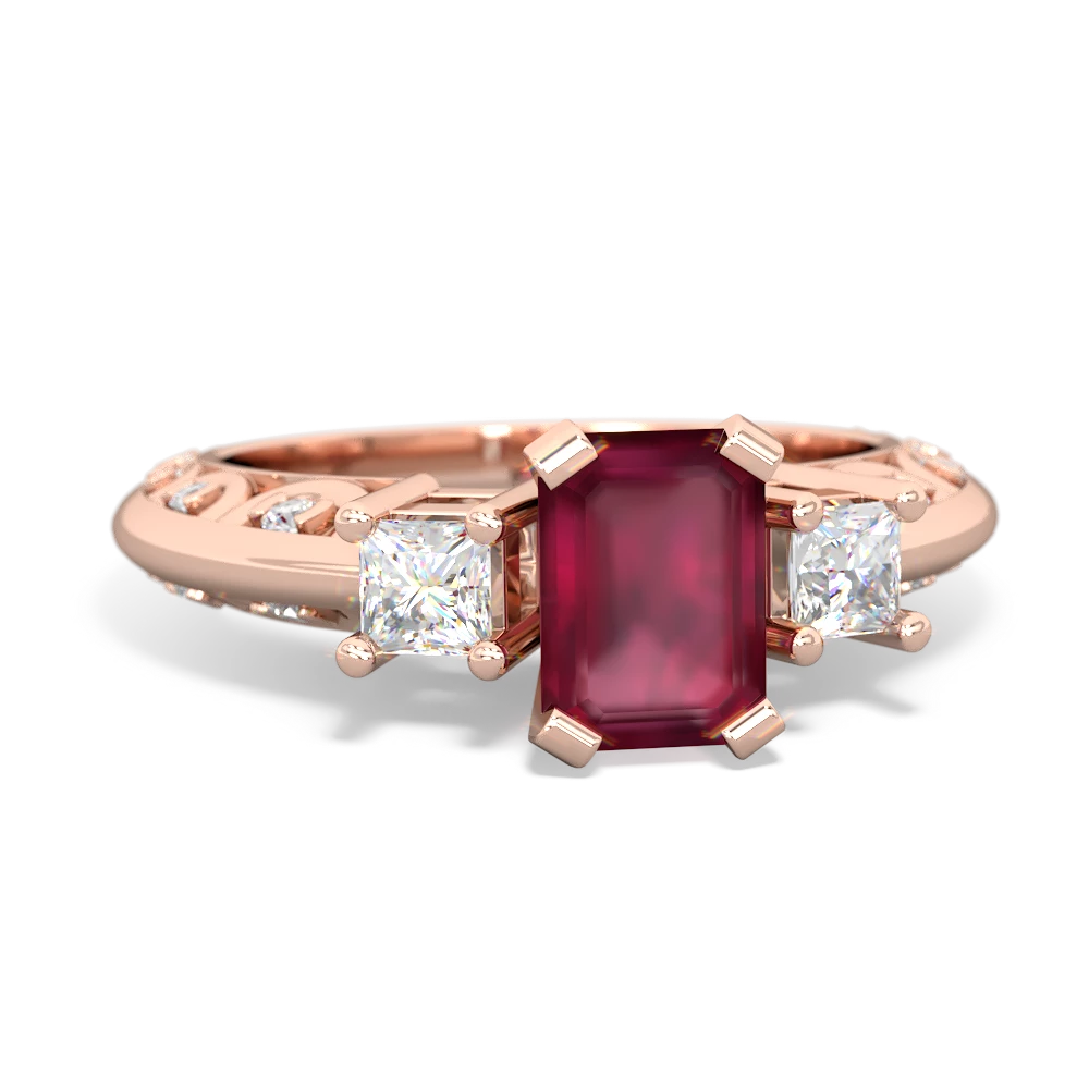 Ruby Art Deco Diamond 7X5 Emerald-Cut Engagement 14K Rose Gold ring R20017EM