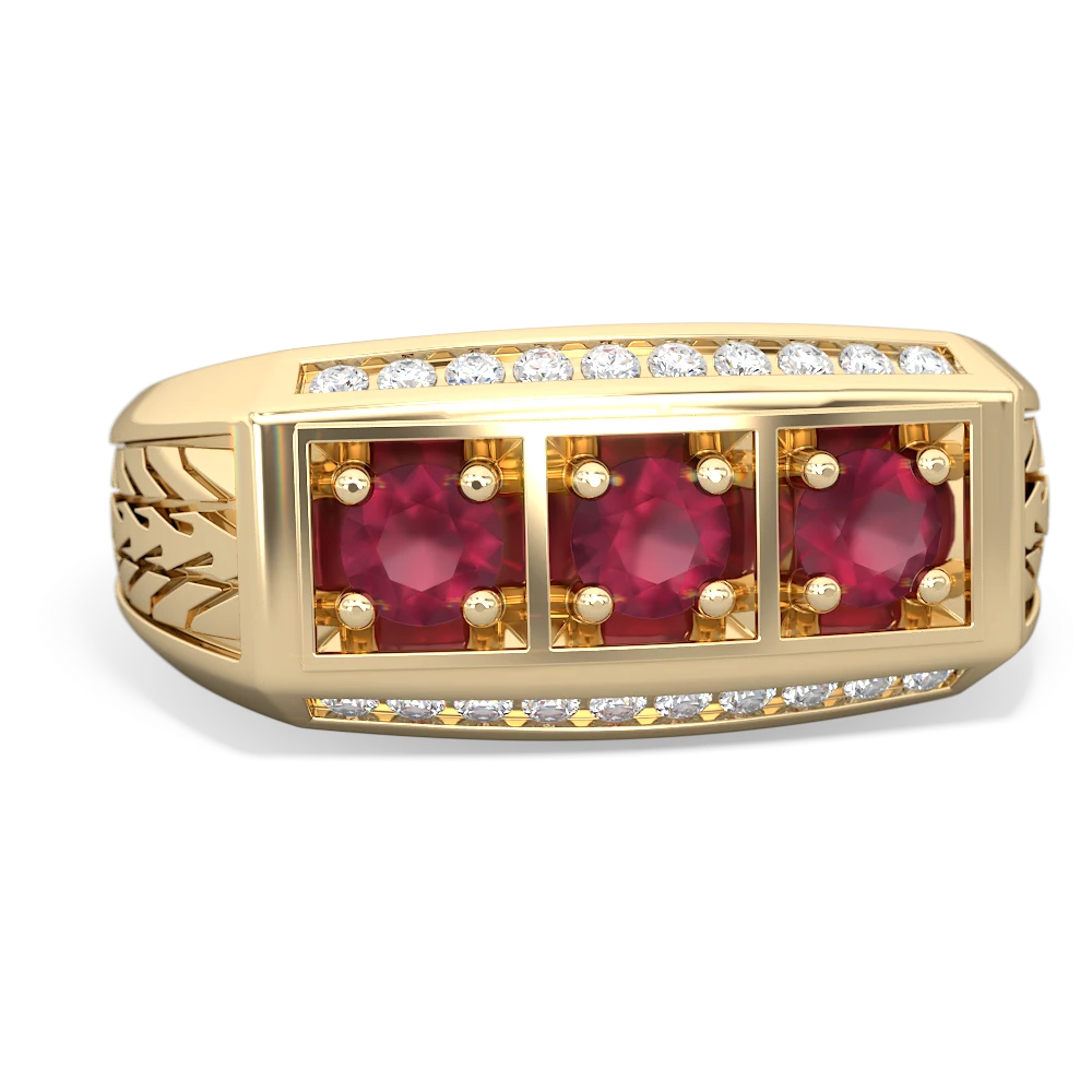 Ruby Three Stone Tire Tread Men's 14K Yellow Gold ring R0520