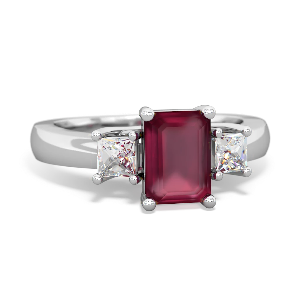 Ruby Diamond Three Stone Emerald-Cut Trellis 14K White Gold ring R4021