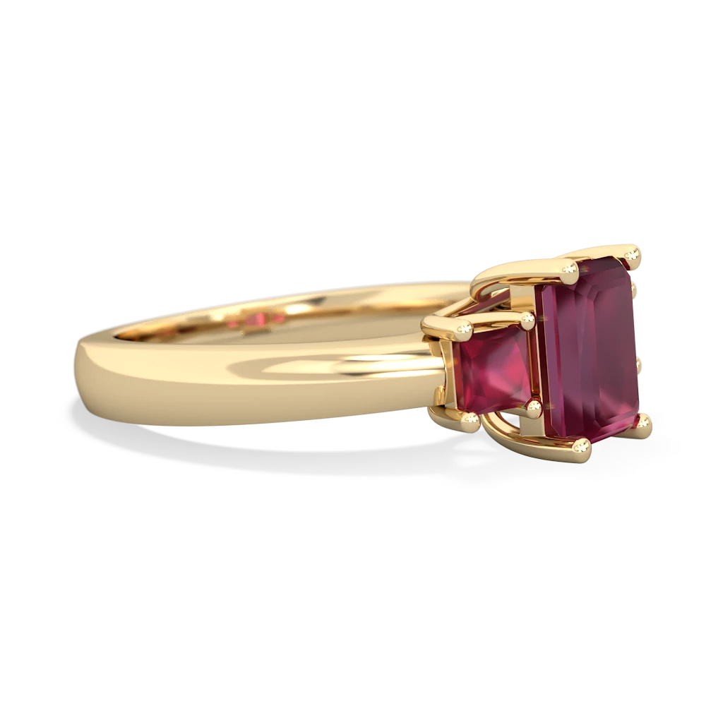 Ruby Three Stone Emerald-Cut Trellis 14K Yellow Gold ring R4021