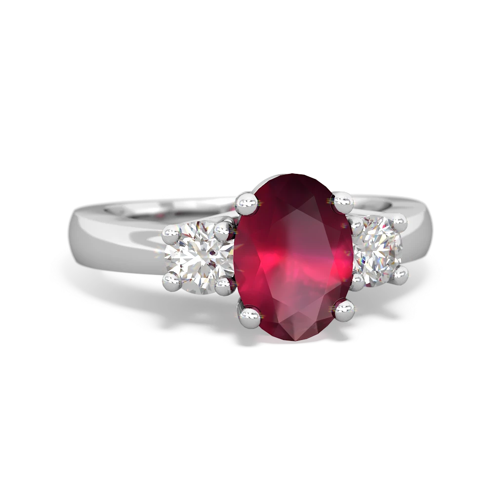 Ruby Diamond Three Stone Oval Trellis 14K White Gold ring R4024