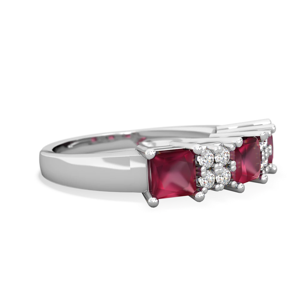 Lab Ruby Three Stone Diamond Cluster 14K White Gold ring R2592