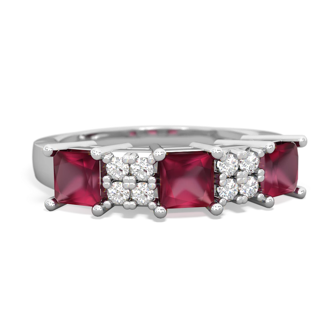 Ruby Three Stone Diamond Cluster 14K White Gold ring R2592