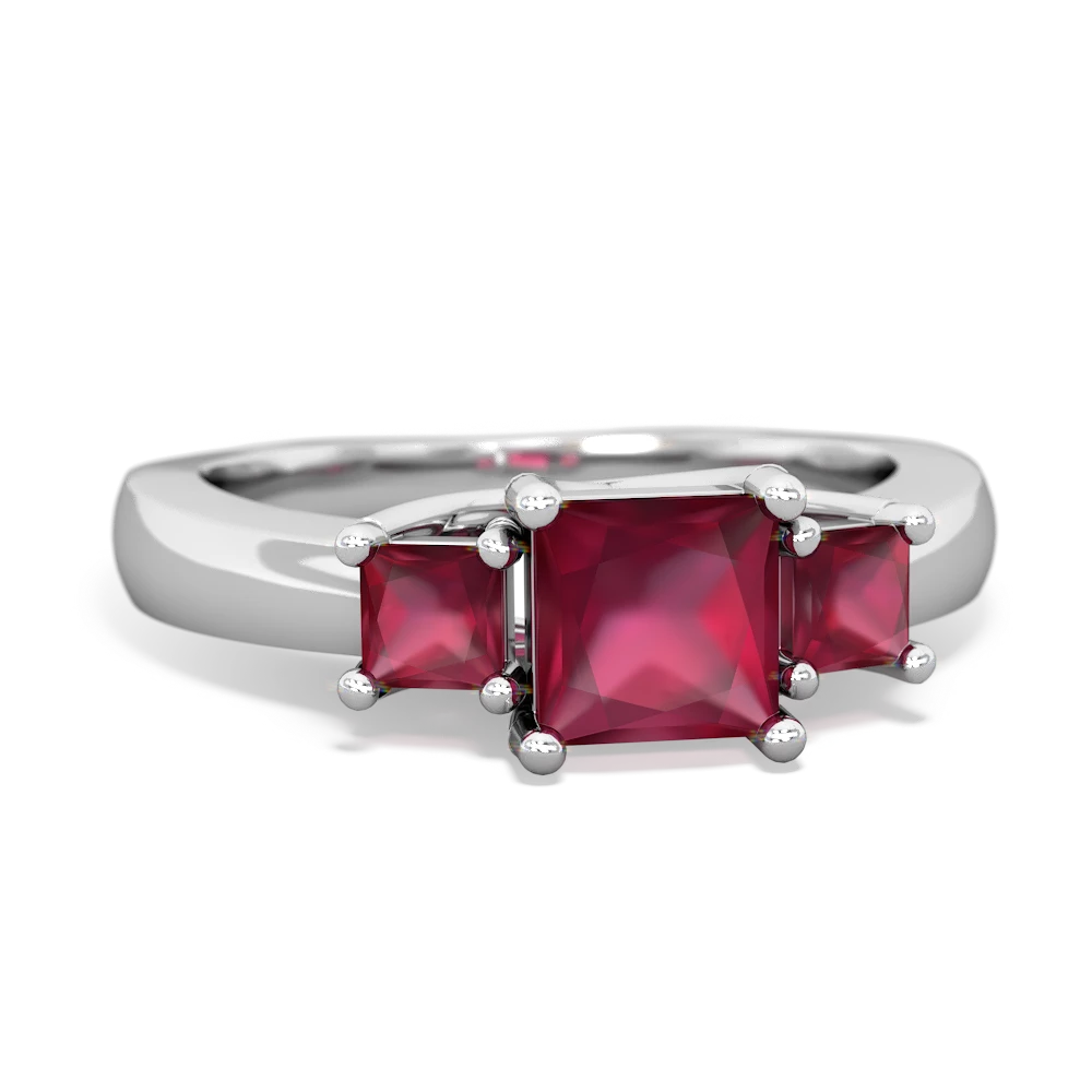 Lab Ruby Three Stone Trellis 14K White Gold ring R4015