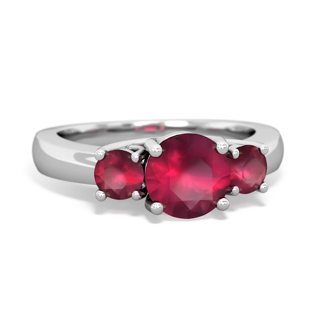 Lab Ruby Three Stone Round Trellis 14K White Gold ring R4018