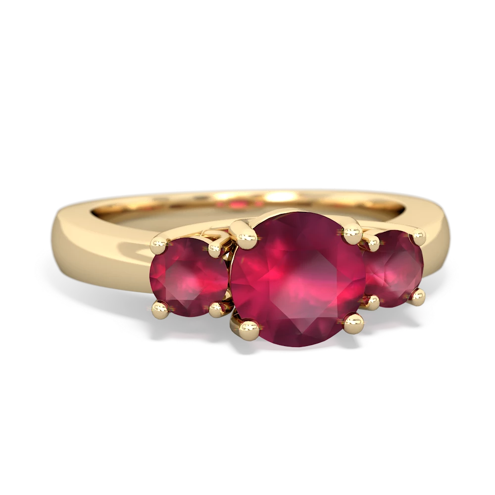 Lab Ruby Three Stone Round Trellis 14K Yellow Gold ring R4018