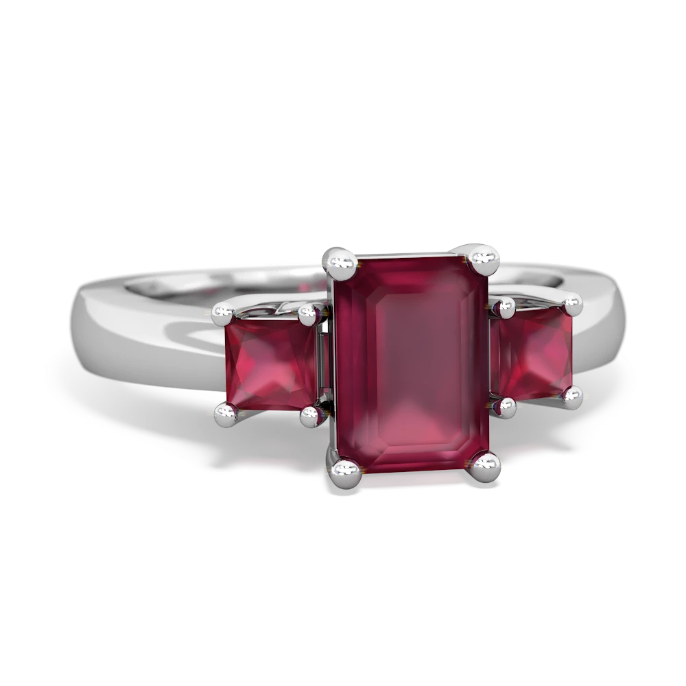 Lab Pink Sapphire Three Stone Emerald-Cut Trellis 14K White Gold ring R4021