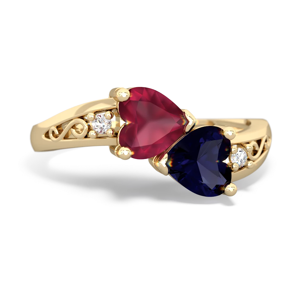 Ruby Snuggling Hearts 14K Yellow Gold ring R2178