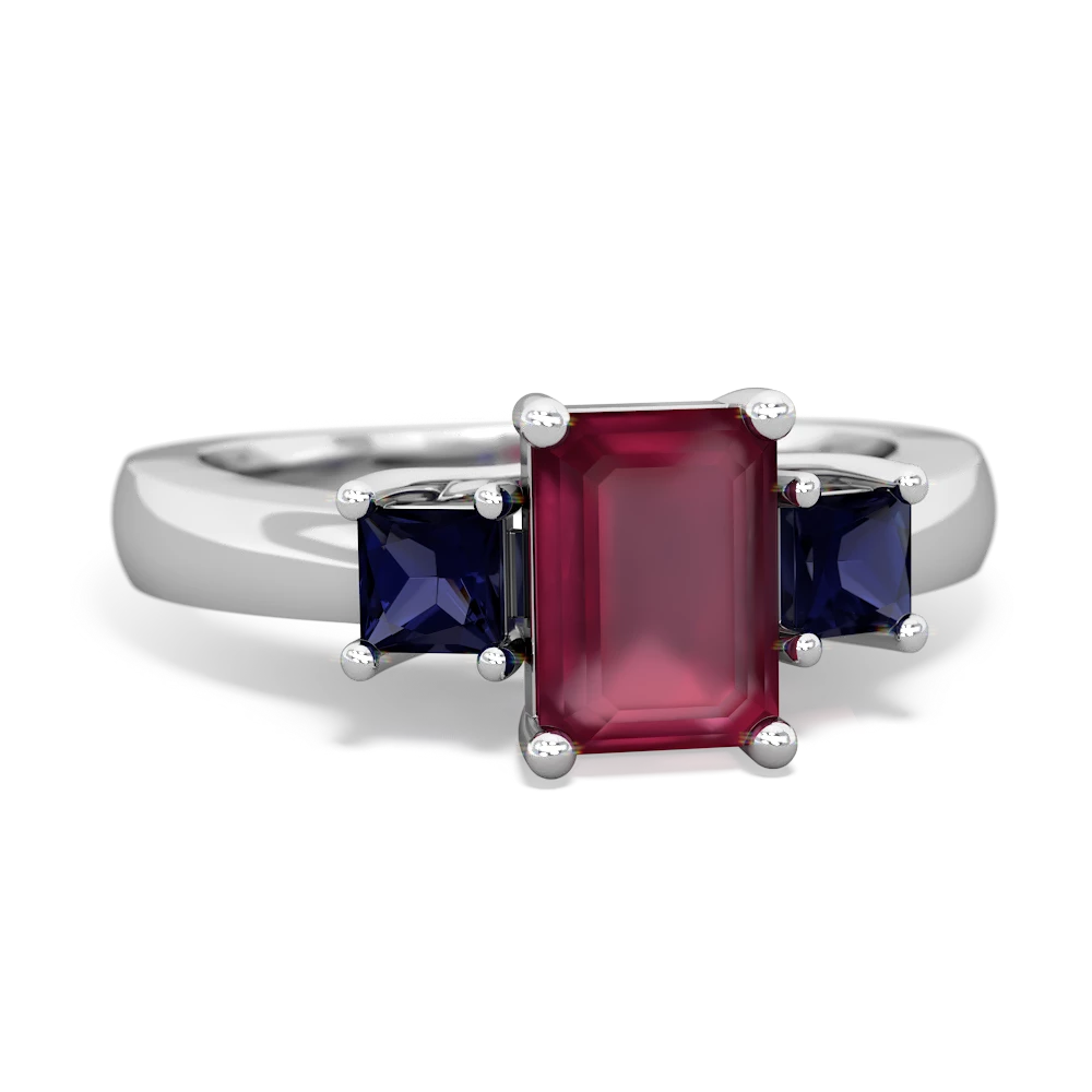 Ruby Three Stone Emerald-Cut Trellis 14K White Gold ring R4021