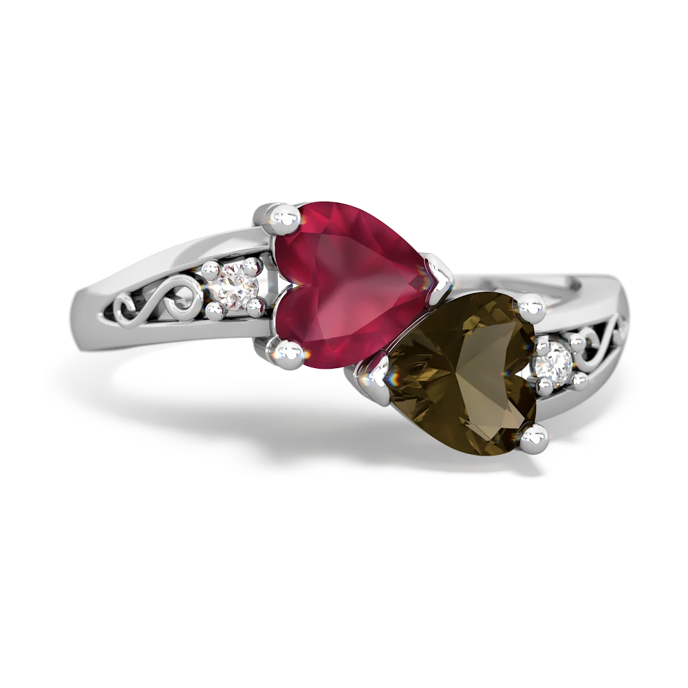 Ruby Snuggling Hearts 14K White Gold ring R2178