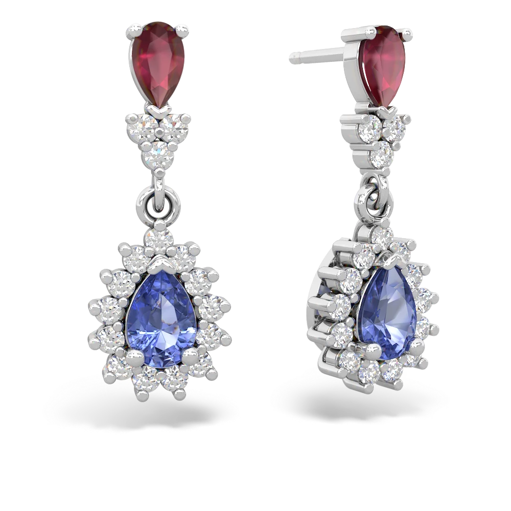 Ruby Halo Pear Dangle 14K White Gold earrings E1882