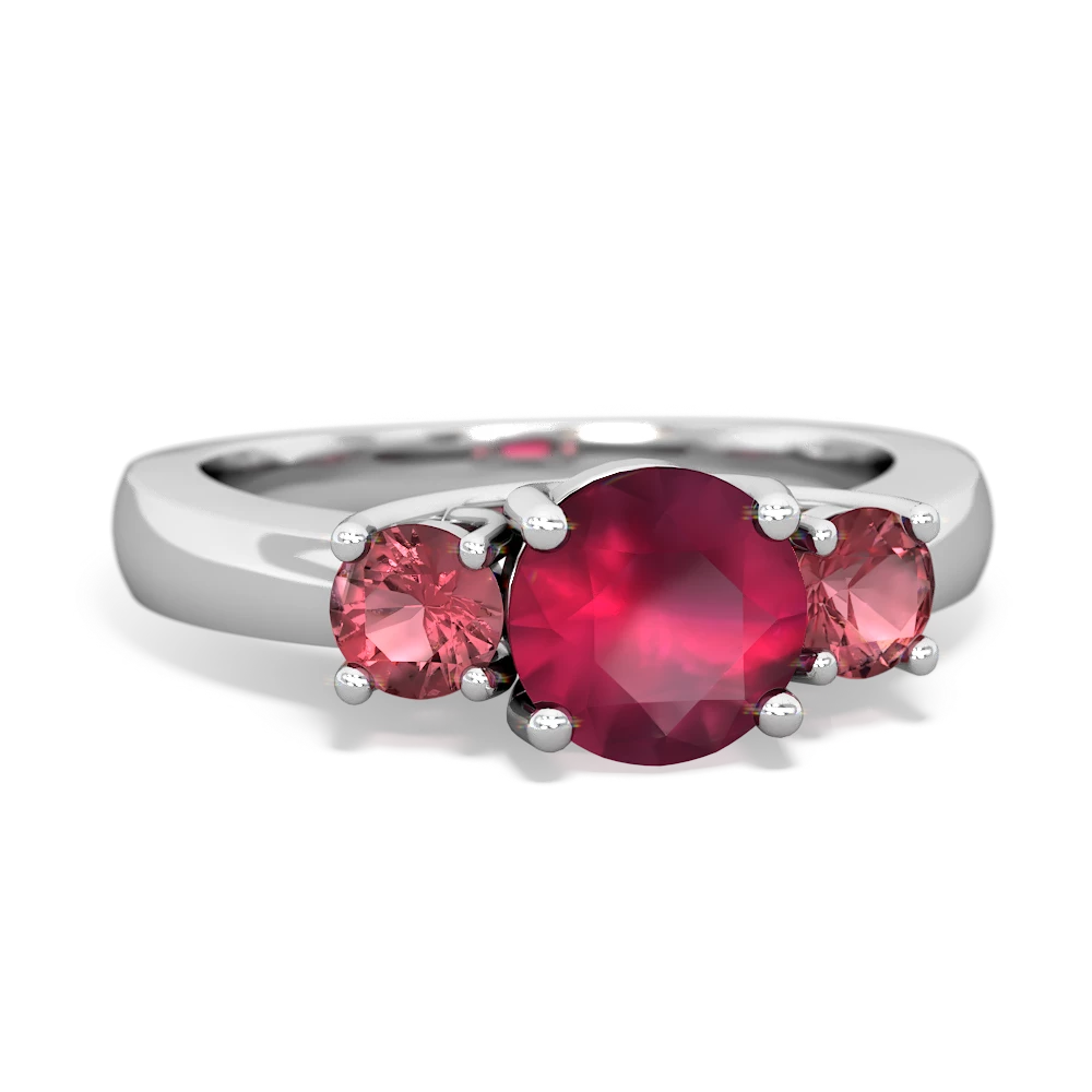 Ruby Three Stone Round Trellis 14K White Gold ring R4018