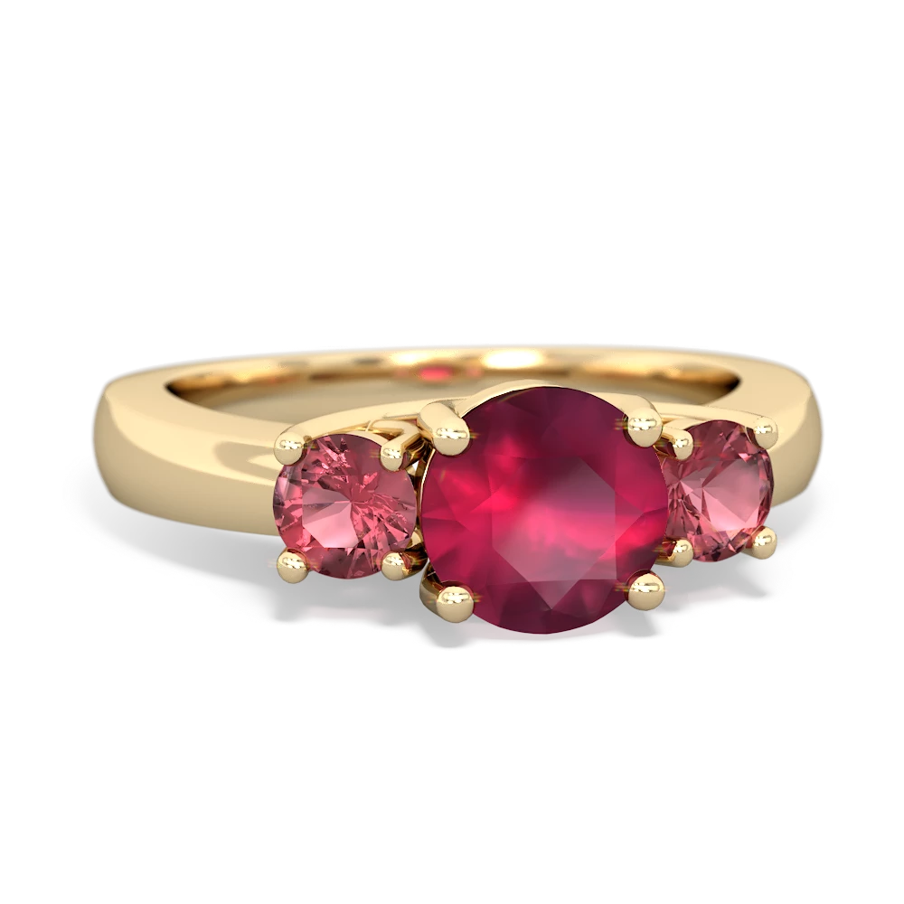 Ruby Three Stone Round Trellis 14K Yellow Gold ring R4018