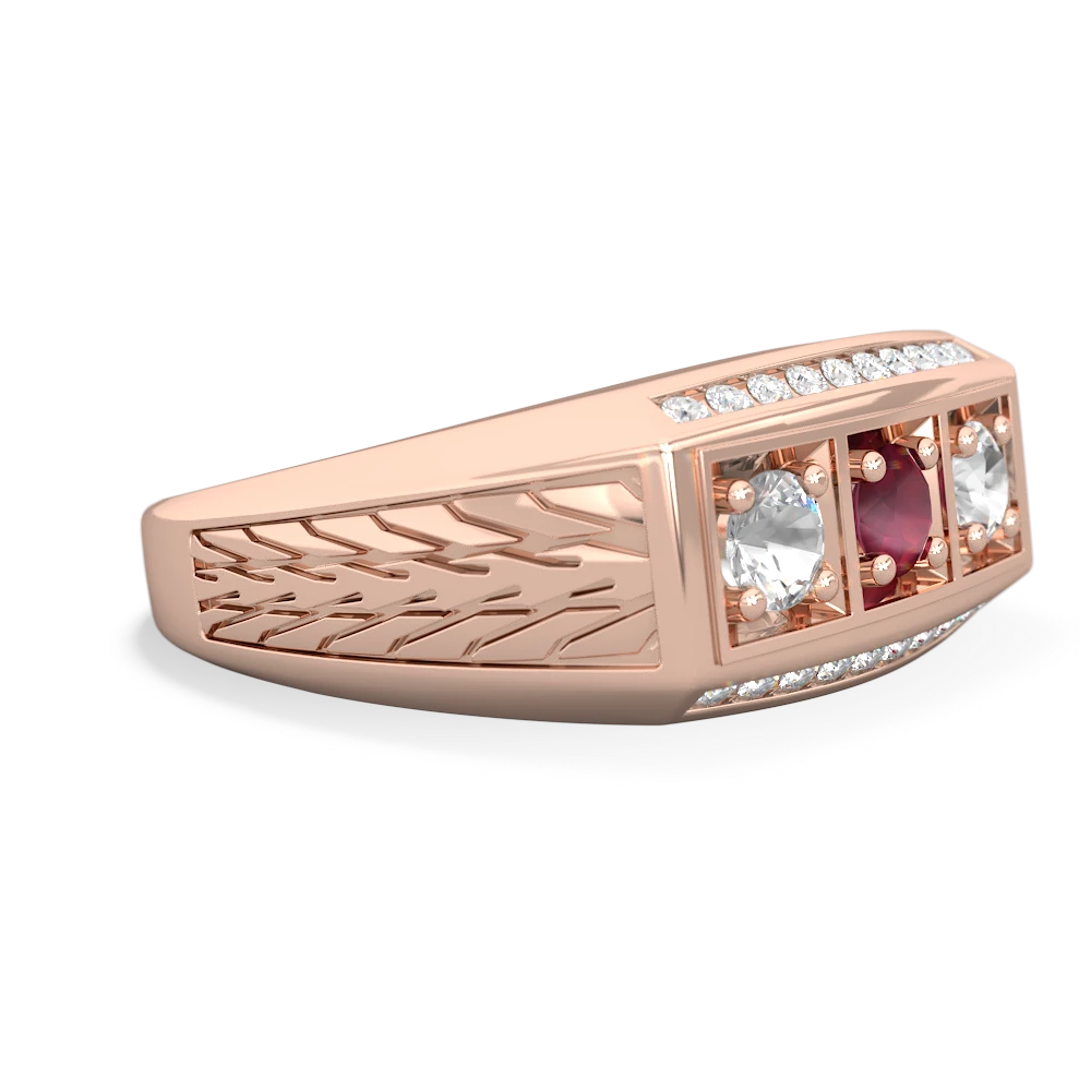 Ruby Three Stone Tire Tread Men's 14K Rose Gold ring R0520