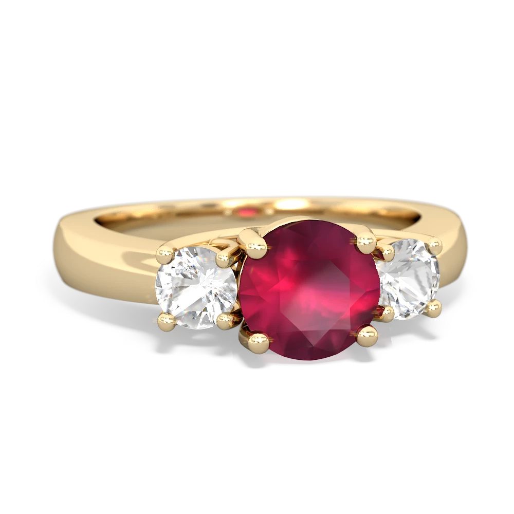 Ruby Three Stone Round Trellis 14K Yellow Gold ring R4018