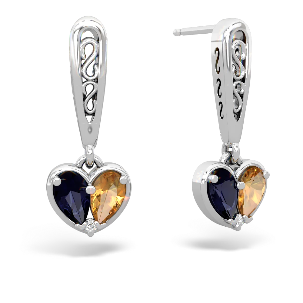 Sapphire Filligree Heart 14K White Gold earrings E5070