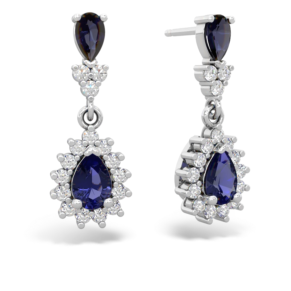 Sapphire Halo Pear Dangle 14K White Gold earrings E1882