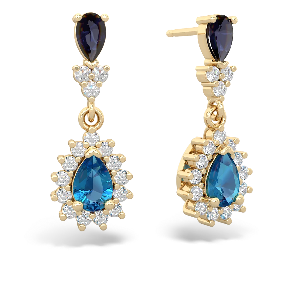 Sapphire Halo Pear Dangle 14K Yellow Gold earrings E1882