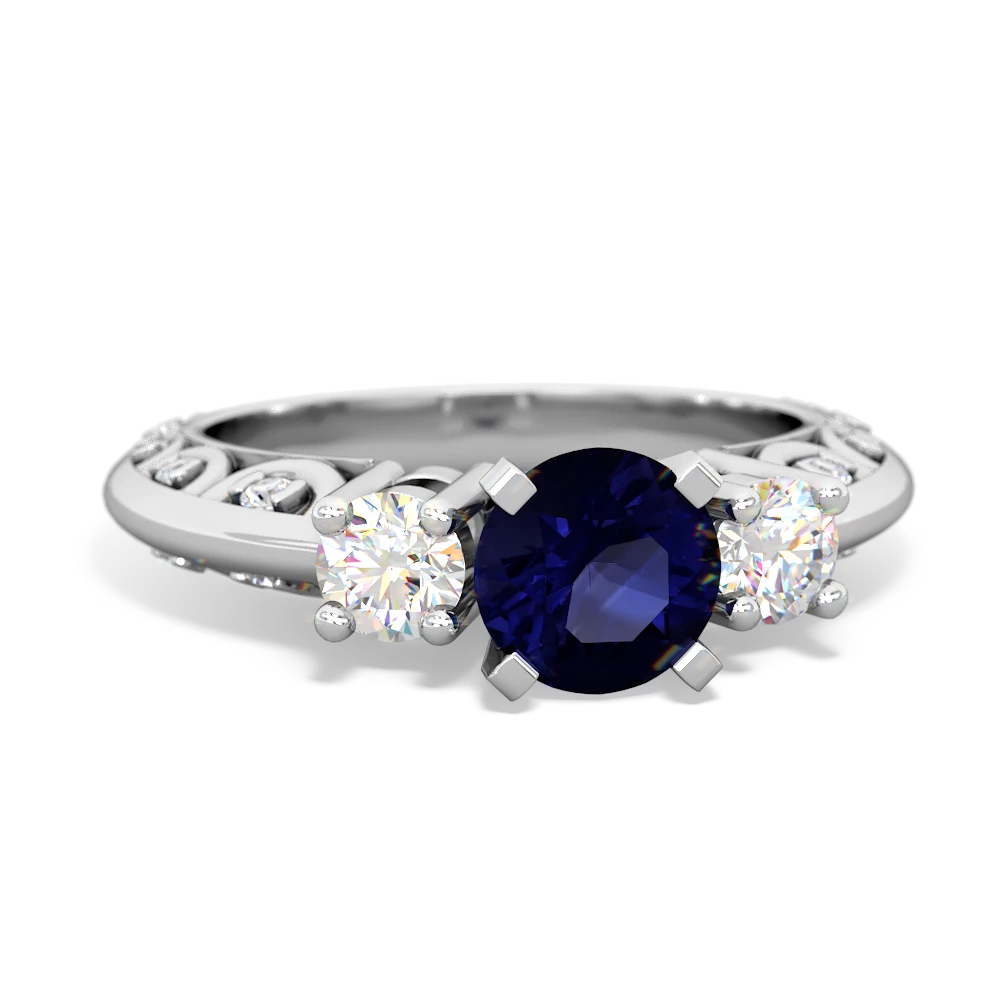 Sapphire Art Deco Diamond 6Mm Round Engagment 14K White Gold ring R2003