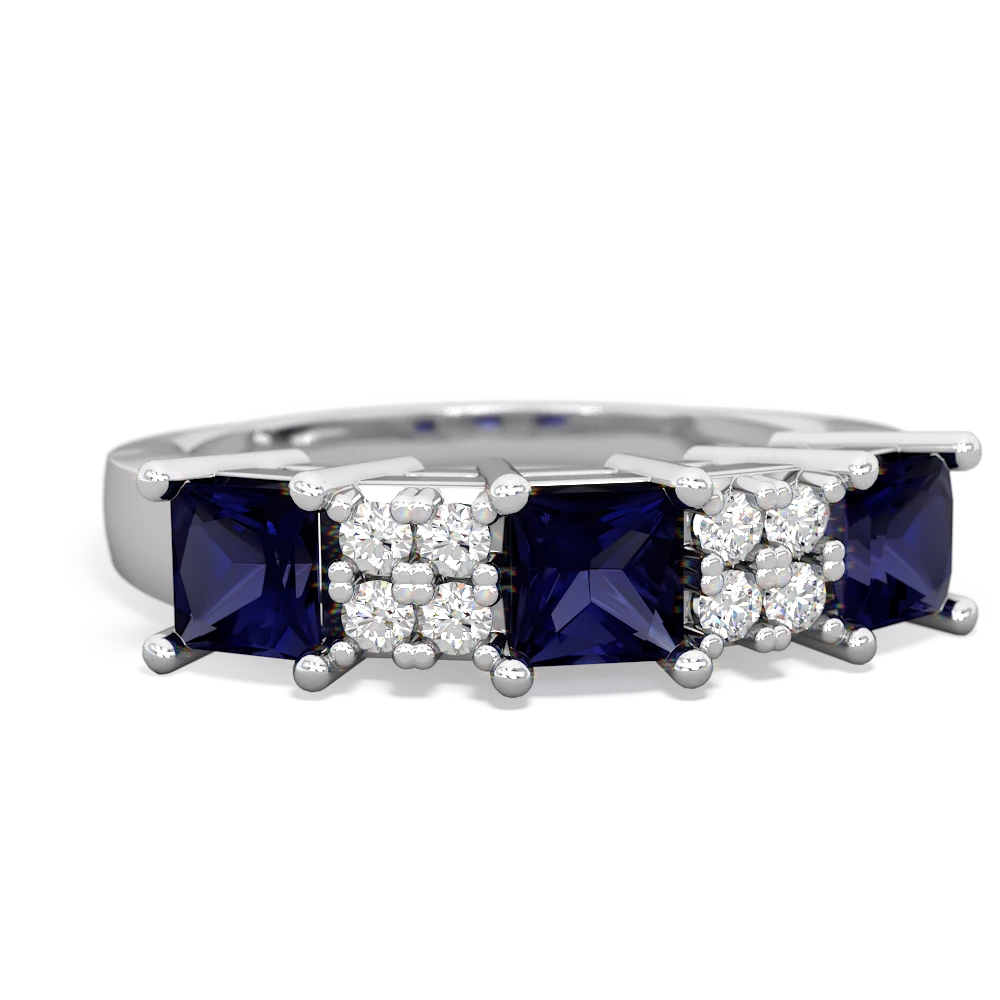 Sapphire Three Stone Diamond Cluster 14K White Gold ring R2592