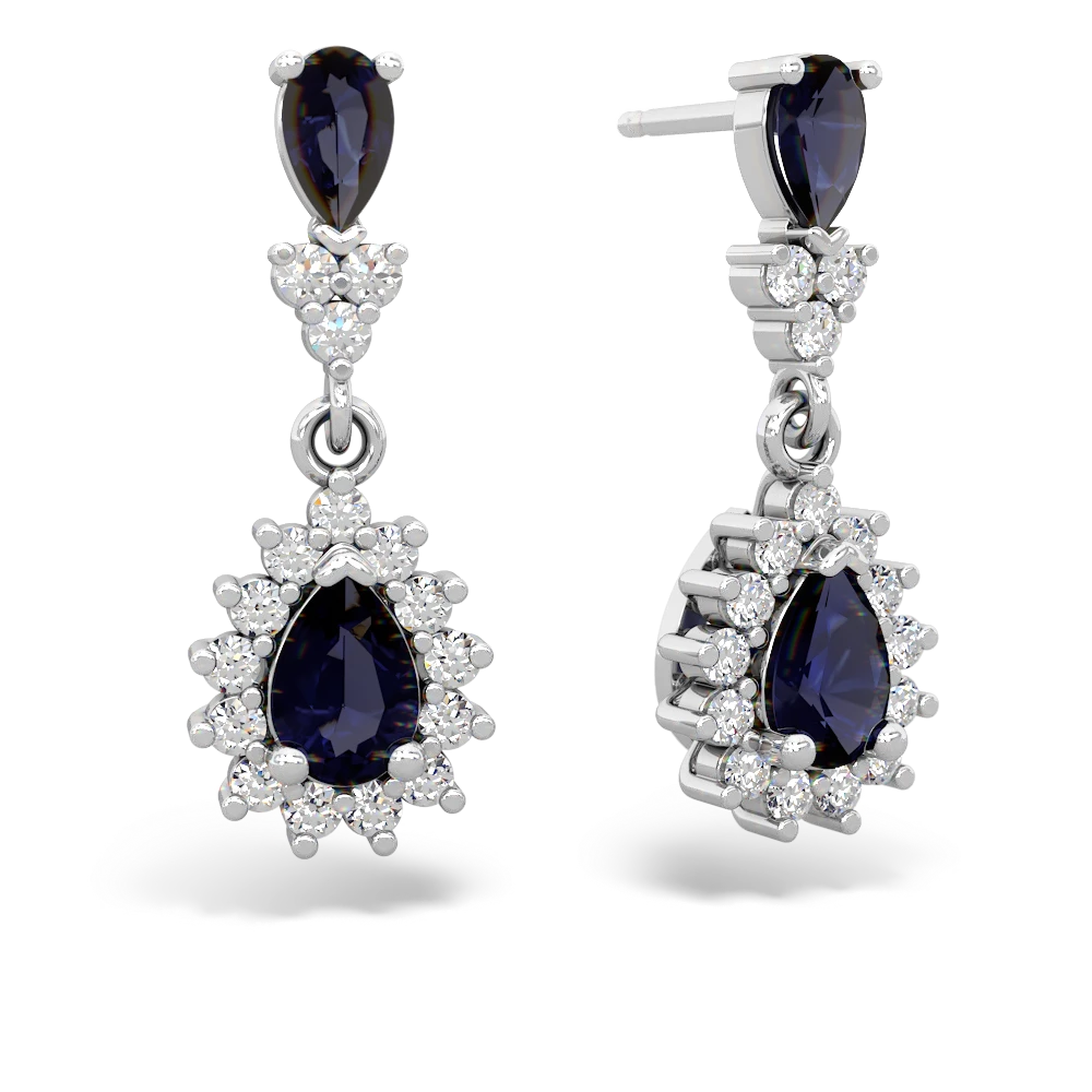 Sapphire Halo Pear Dangle 14K White Gold earrings E1882