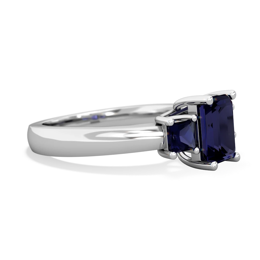 Lab Sapphire Three Stone Emerald-Cut Trellis 14K White Gold ring R4021