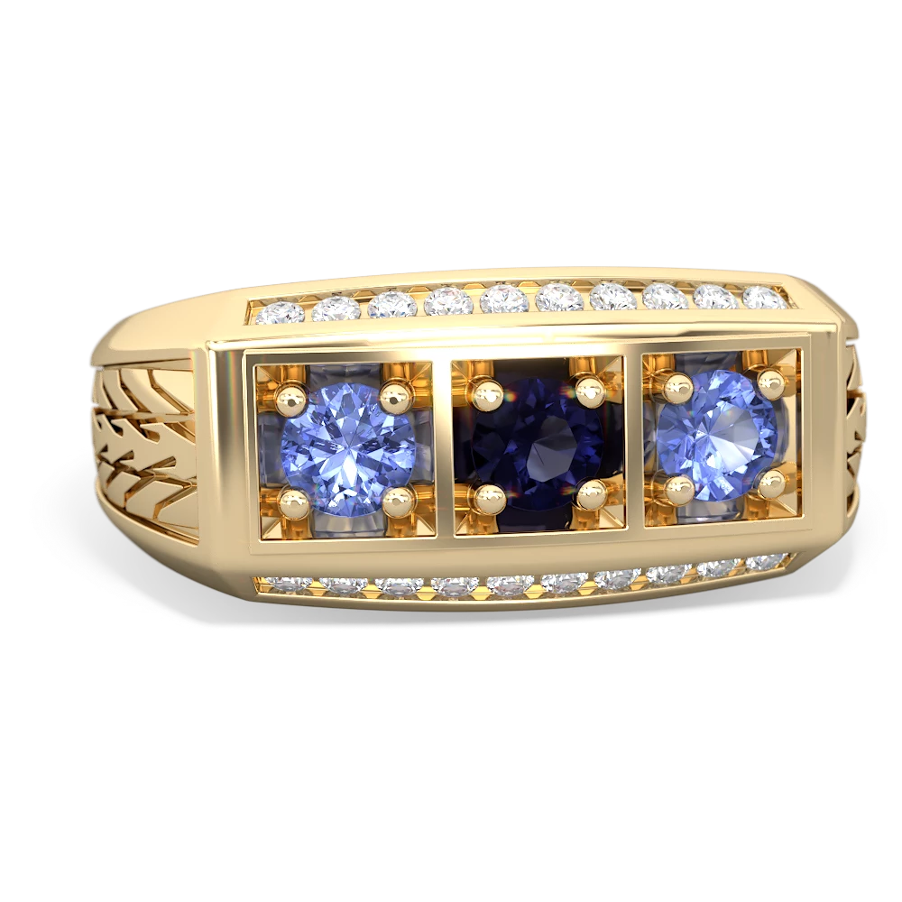 Sapphire Three Stone Tire Tread Men's 14K Yellow Gold ring R0520