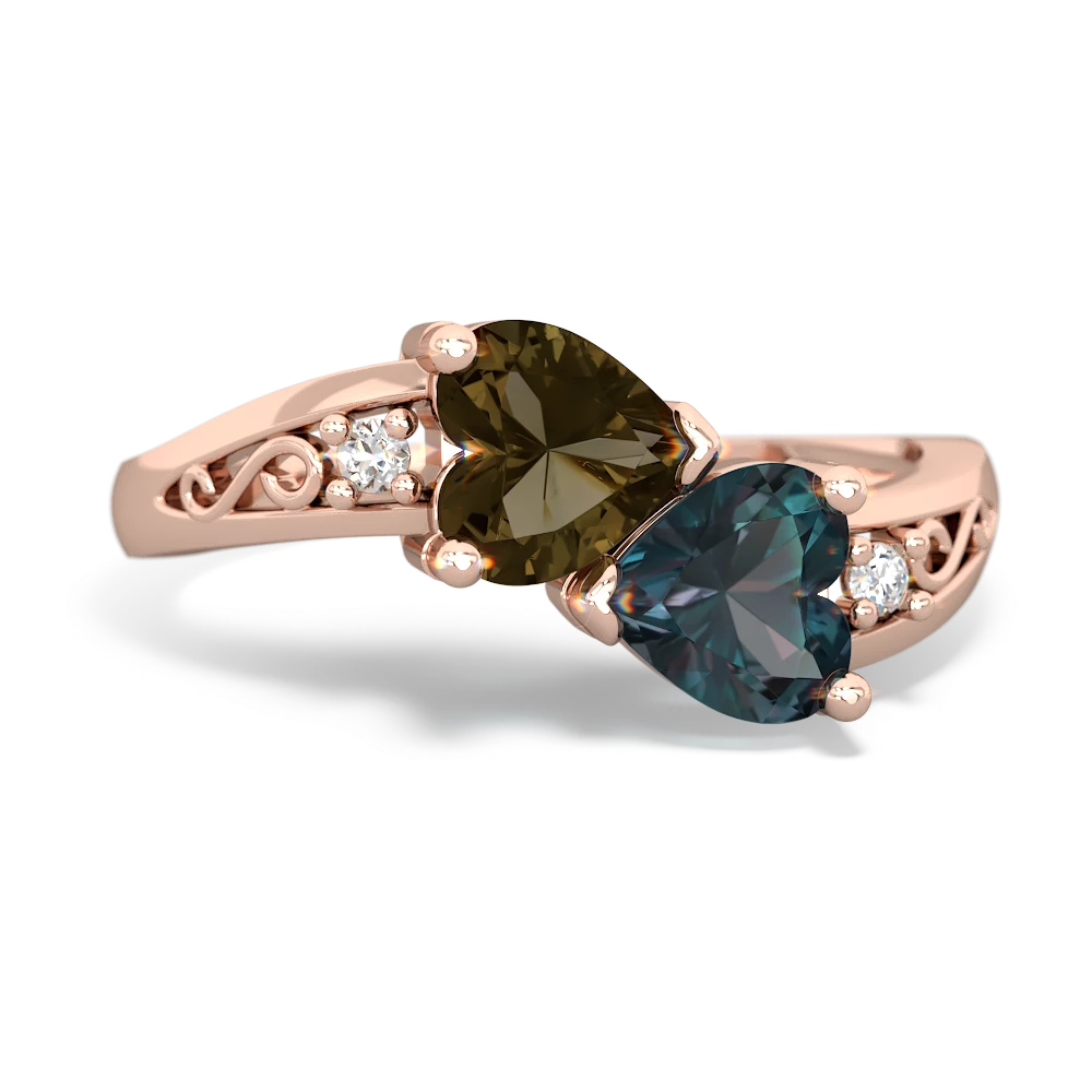 Smoky Quartz Snuggling Hearts 14K Rose Gold ring R2178