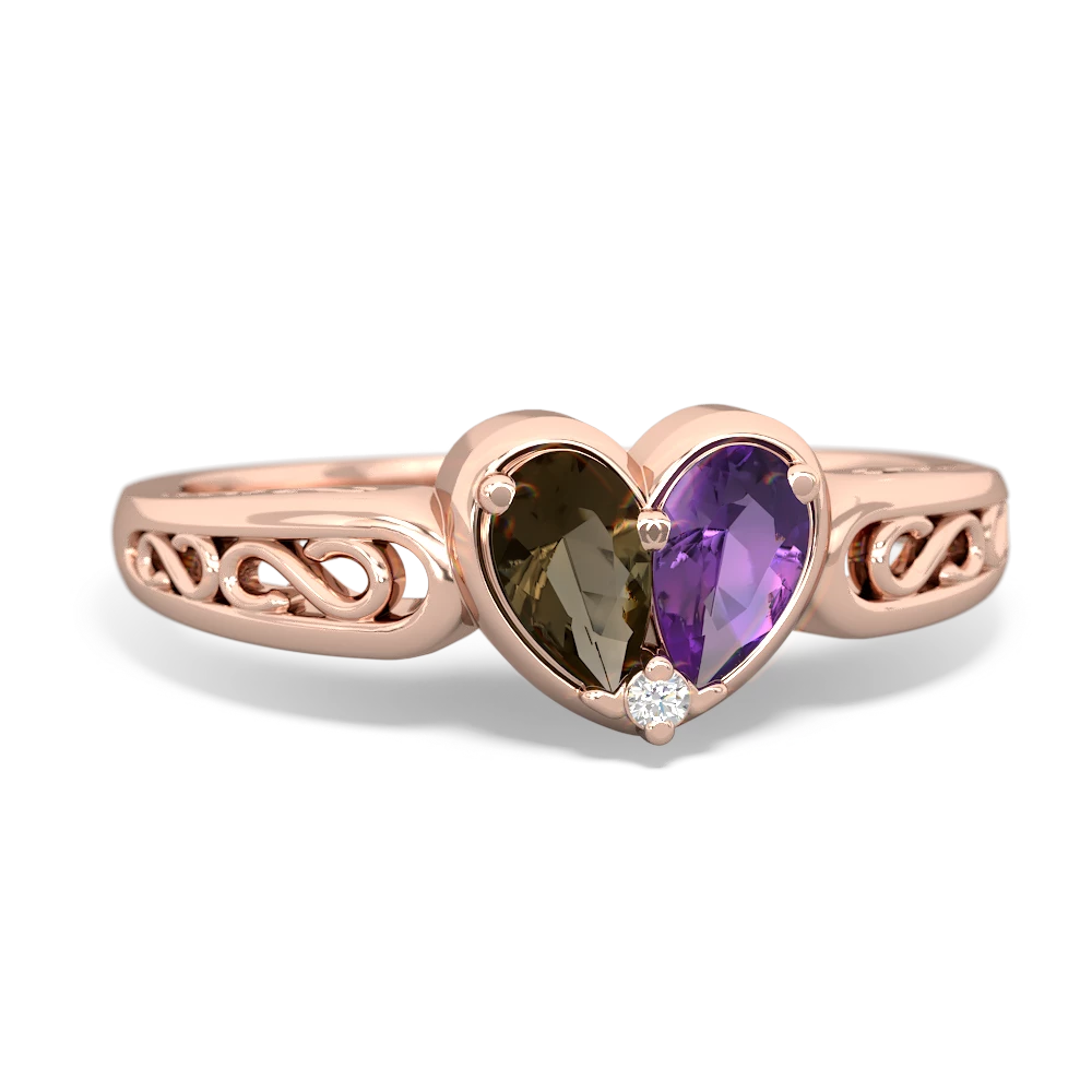 Smoky Quartz Filligree 'One Heart' 14K Rose Gold ring R5070