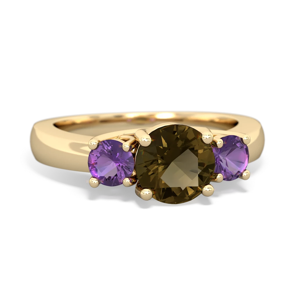 Smoky Quartz Three Stone Round Trellis 14K Yellow Gold ring R4018