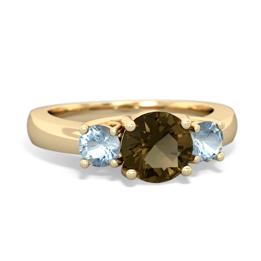 Smoky Quartz Three Stone Round Trellis 14K Yellow Gold ring R4018