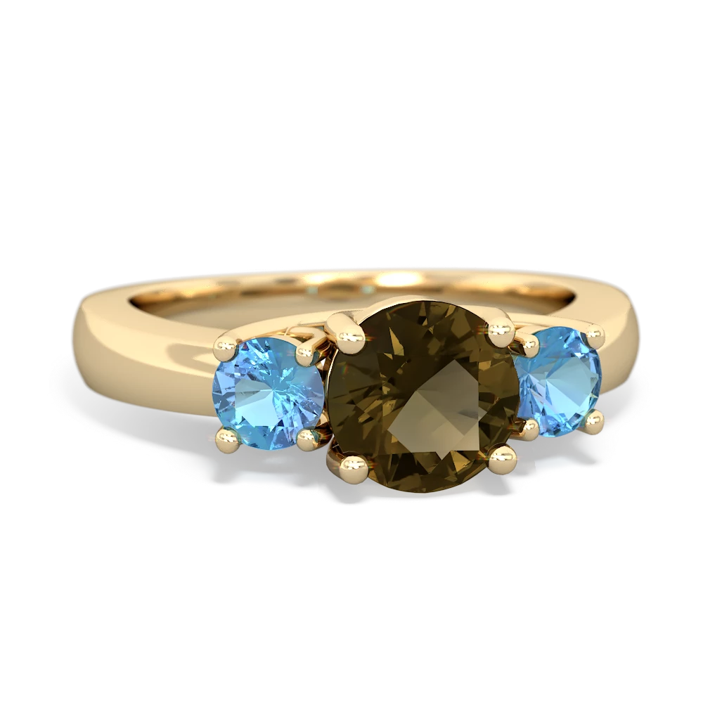 Smoky Quartz Three Stone Round Trellis 14K Yellow Gold ring R4018