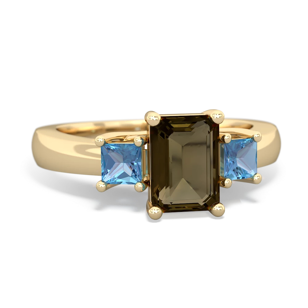 Smoky Quartz Three Stone Emerald-Cut Trellis 14K Yellow Gold ring R4021