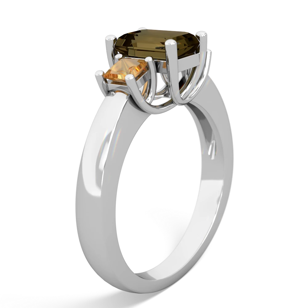 Smoky Quartz Three Stone Emerald-Cut Trellis 14K White Gold ring R4021