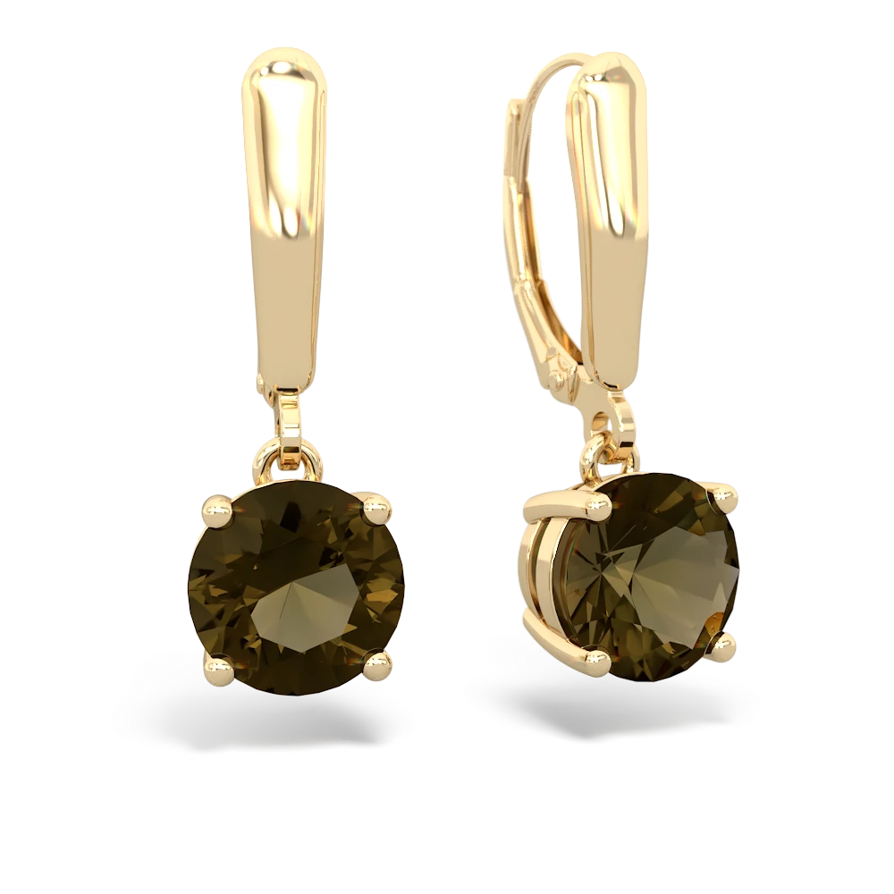 Smoky Quartz 8mm Round Lever Back earrings - 14K Yellow Gold